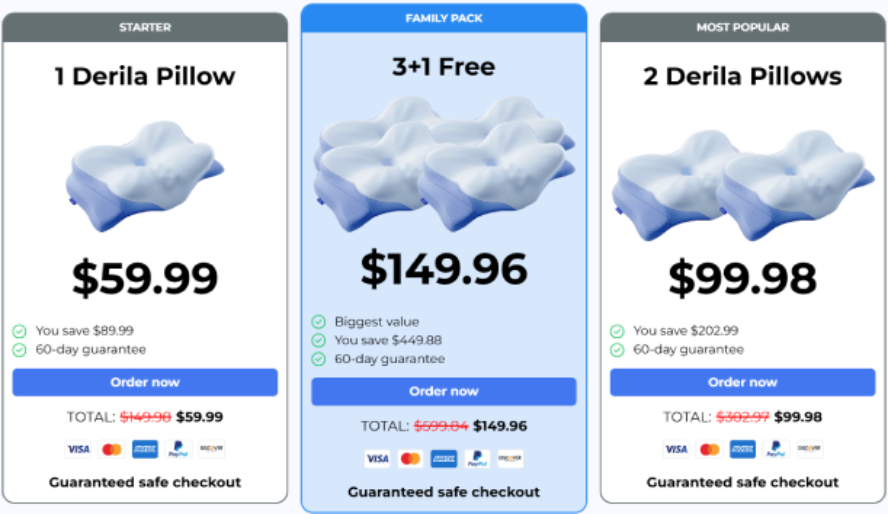 Derila Ergo pillow discount price table showing promotional bundle offers and savings